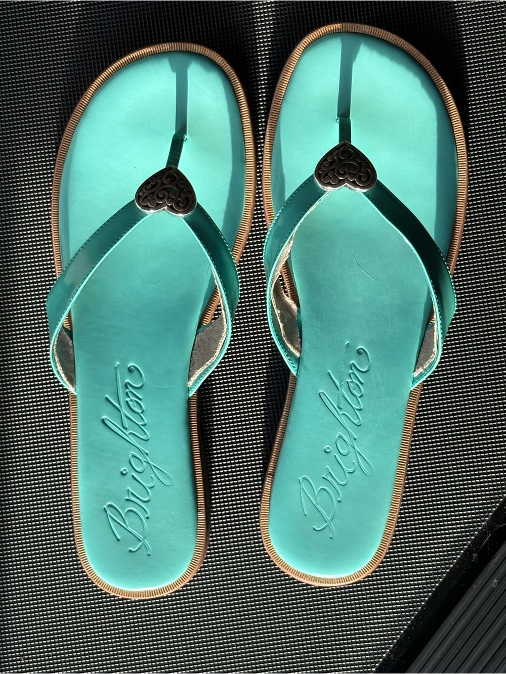 Brighton Vintage Orla 4 Filigree Heart Flip Flops Patent Leather, Blue, 9M - Picture 3 of 7